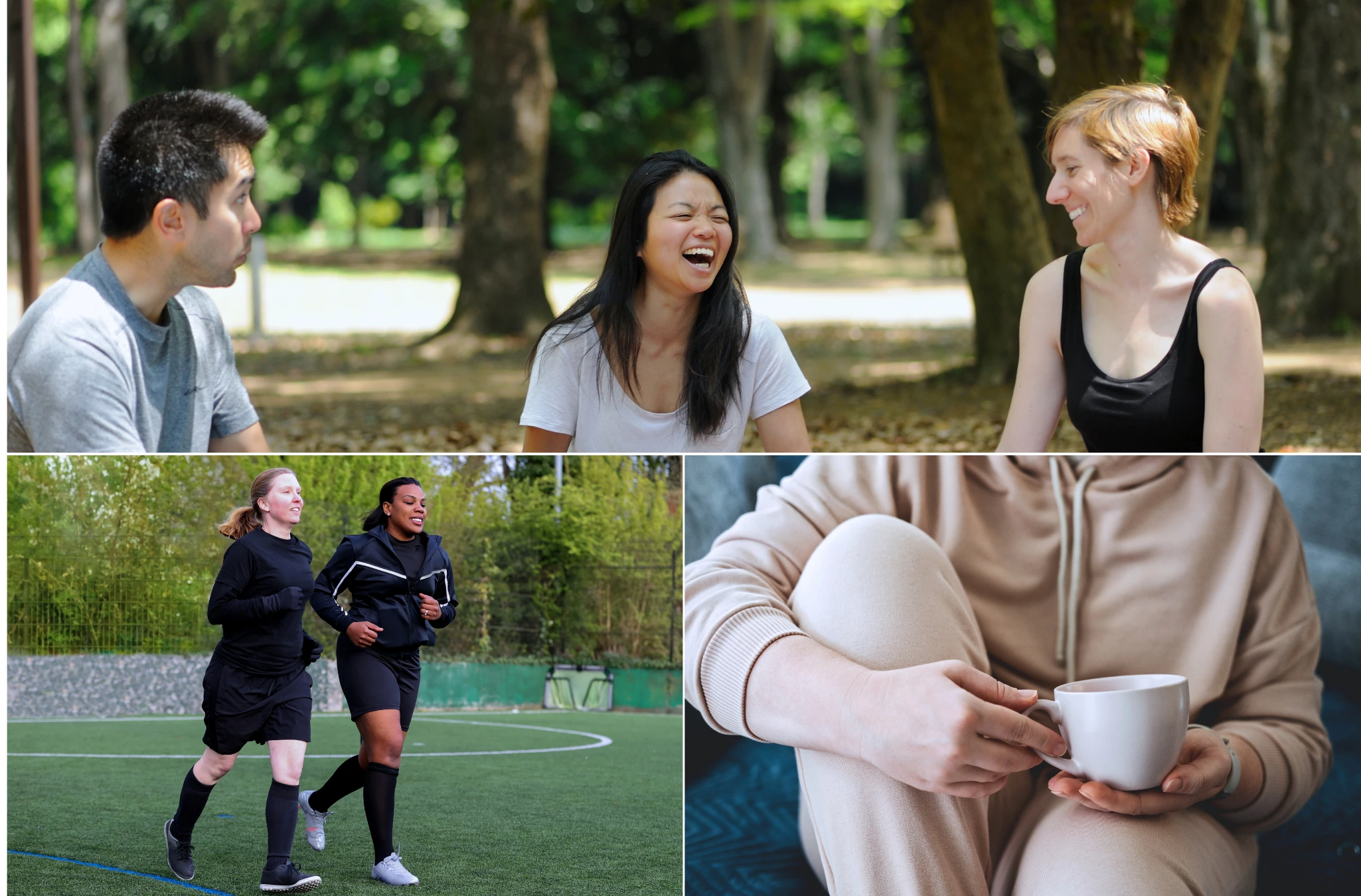 Collage of friends laughing in a park, two women jogging, and a person relaxing with a coffee.